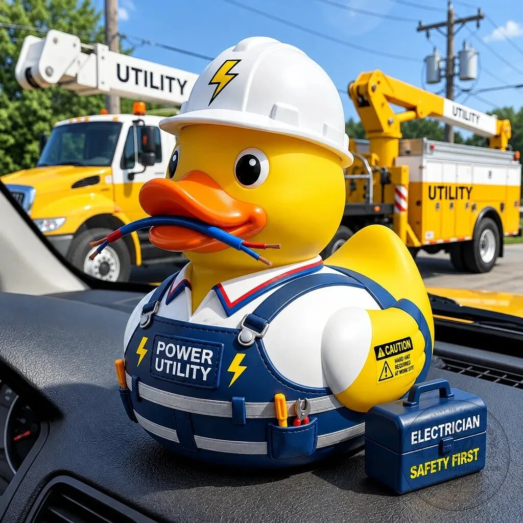 Electrician Rubber Duck with Power Utility Outfit and Safety First Toolbox