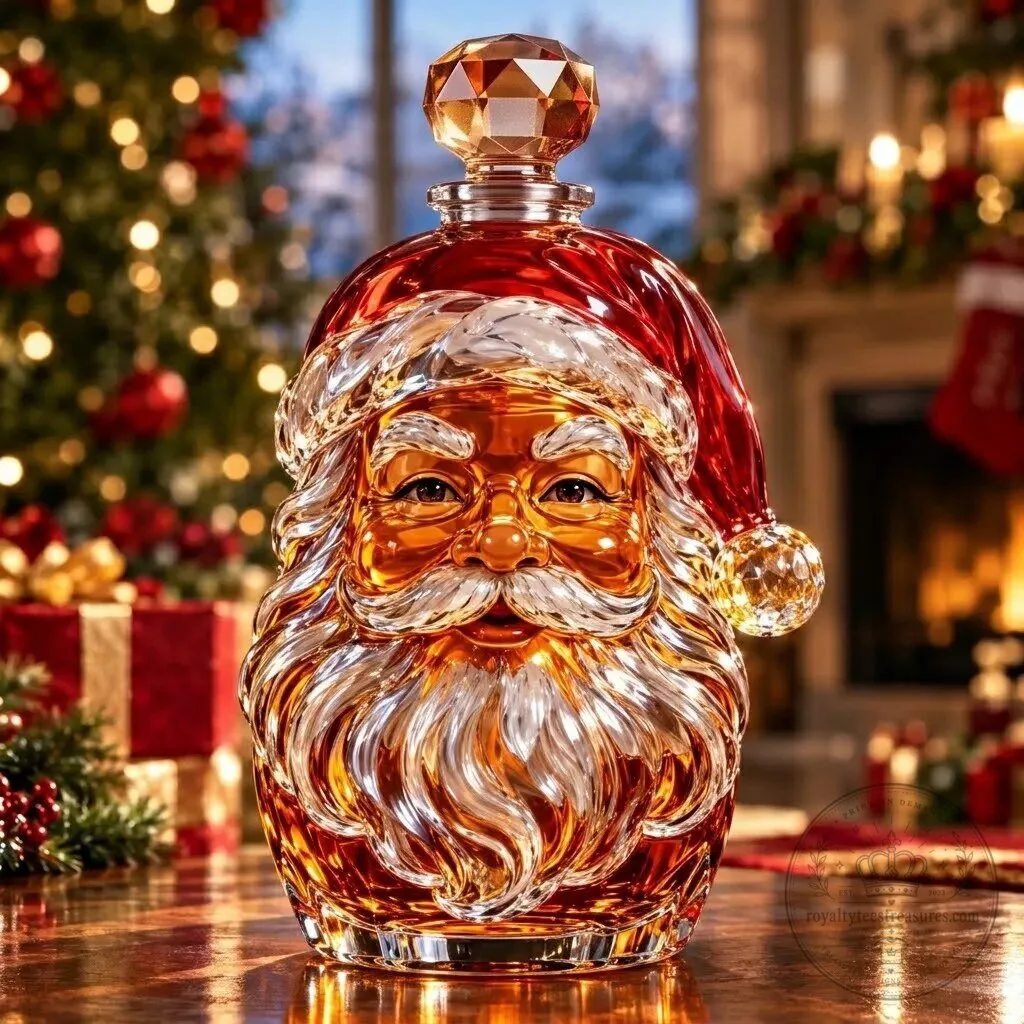 Santa Claus Christmas Holiday Glass Decanter Bottle with Crystal Stopper