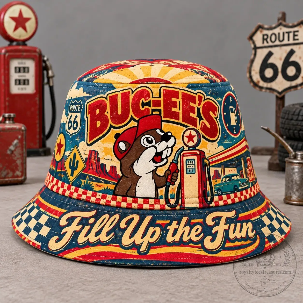 Buc-ee's Fill Up The Fun Gas Station Route 66 Vintage Bucket Hat