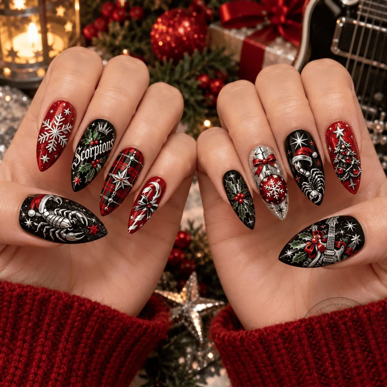 Scorpions Band Christmas Snowflake Candy Cane Press On Nails Set