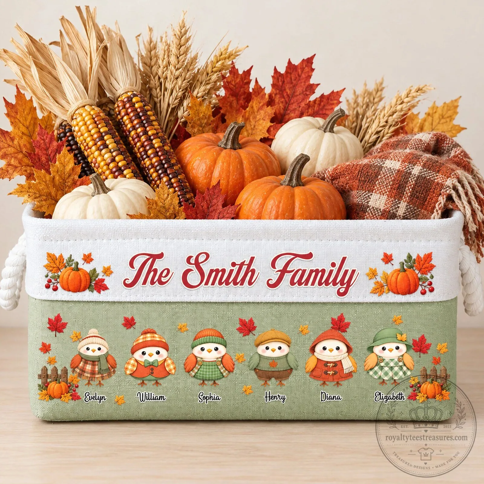 Personalized Fall Birds Thanksgiving Family Name Storage Basket
