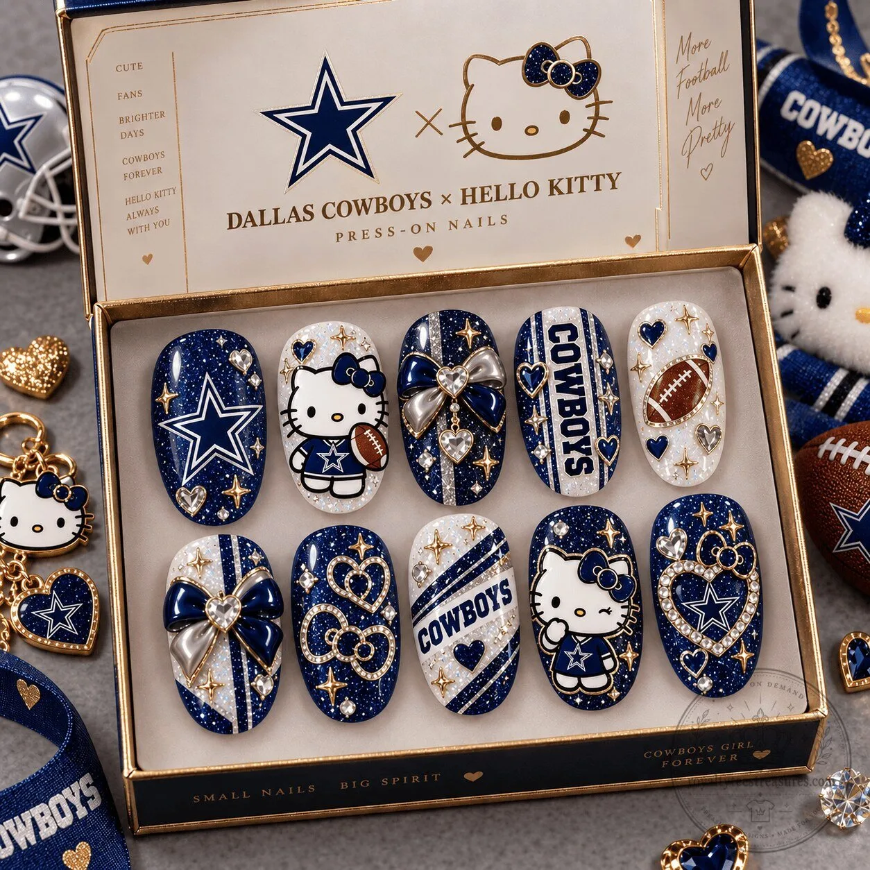 Dallas Cowboys Football Hello Kitty Bow Glam Press-On Nails Set