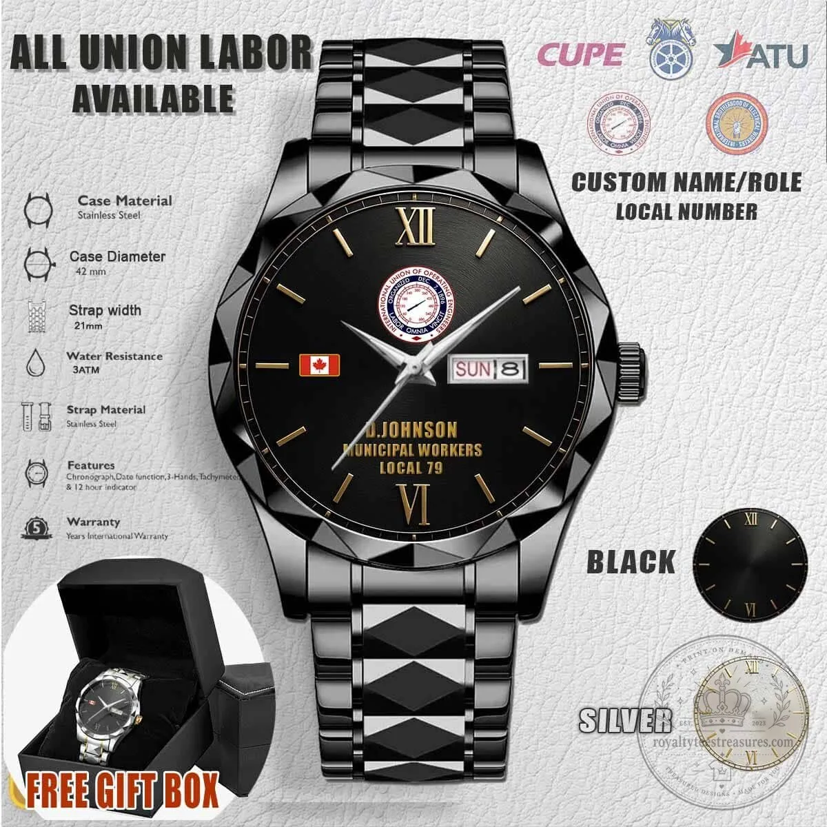 International Union of Operating Engineers Custom Name Black Stainless Steel Watch