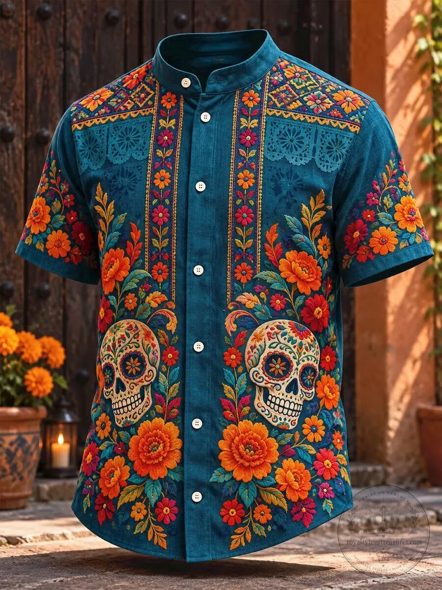 Day of the Dead Sugar Skull Floral Print Short Sleeve Shirt