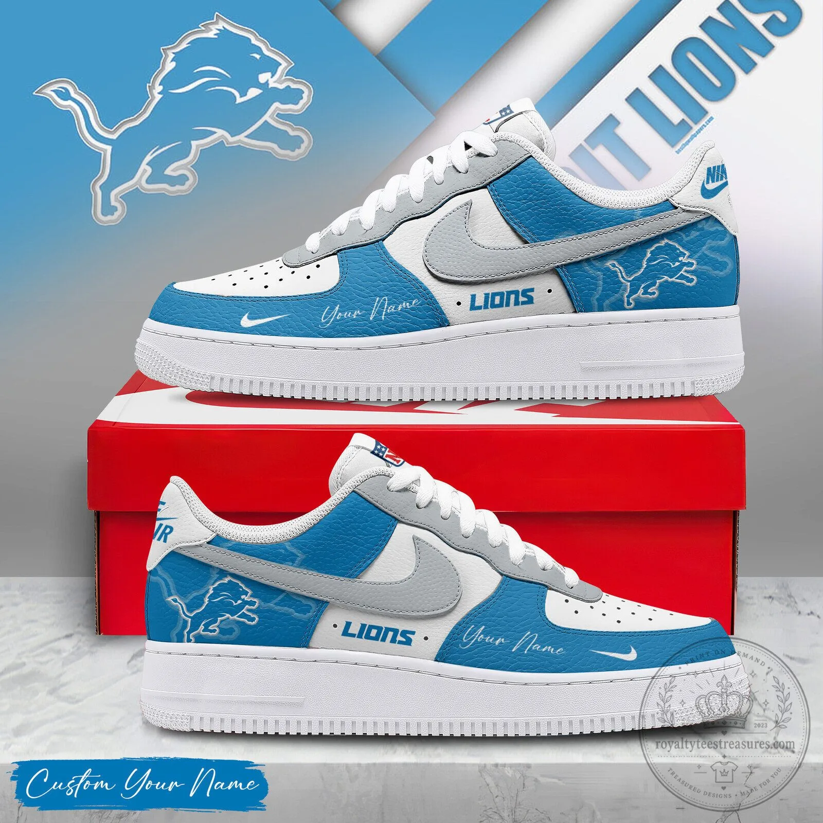 Detroit Lions Custom Name Blue White Athletic Sneakers