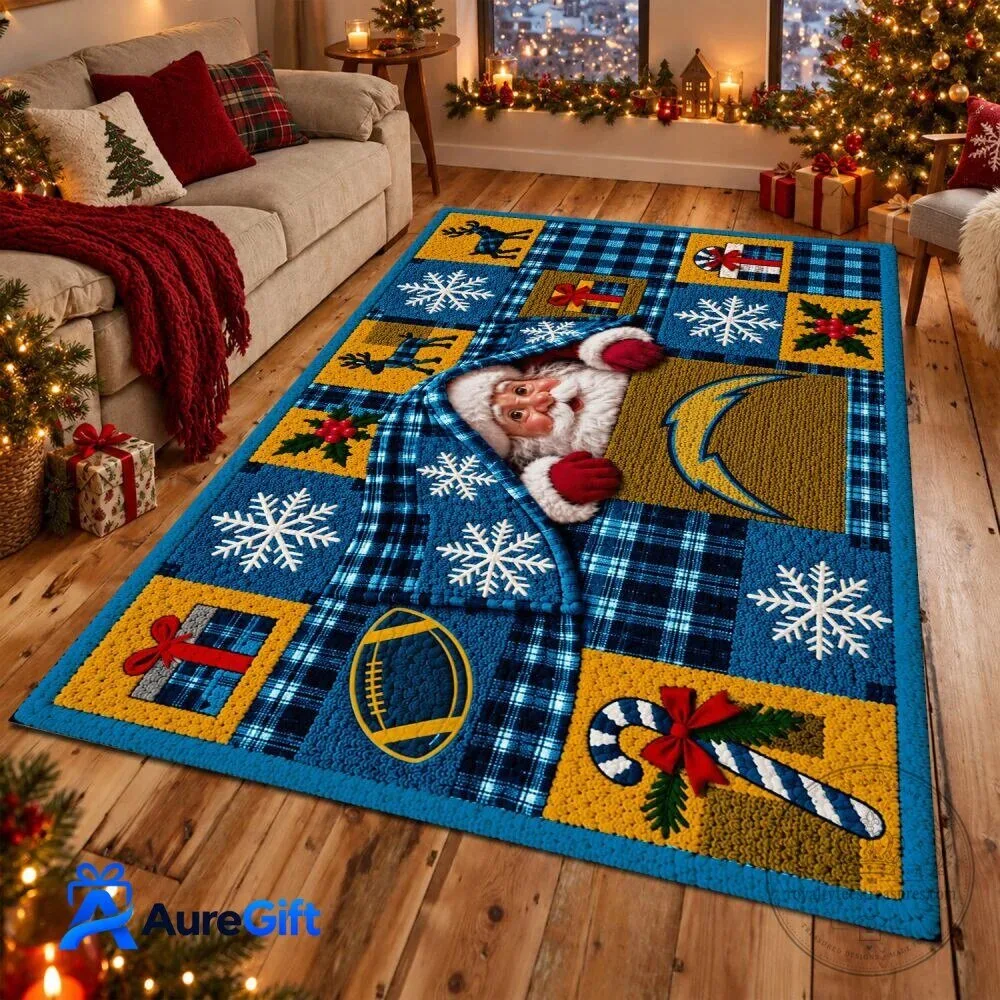 Los Angeles Chargers Christmas Santa Claus Snowflake Plaid Holiday Rug