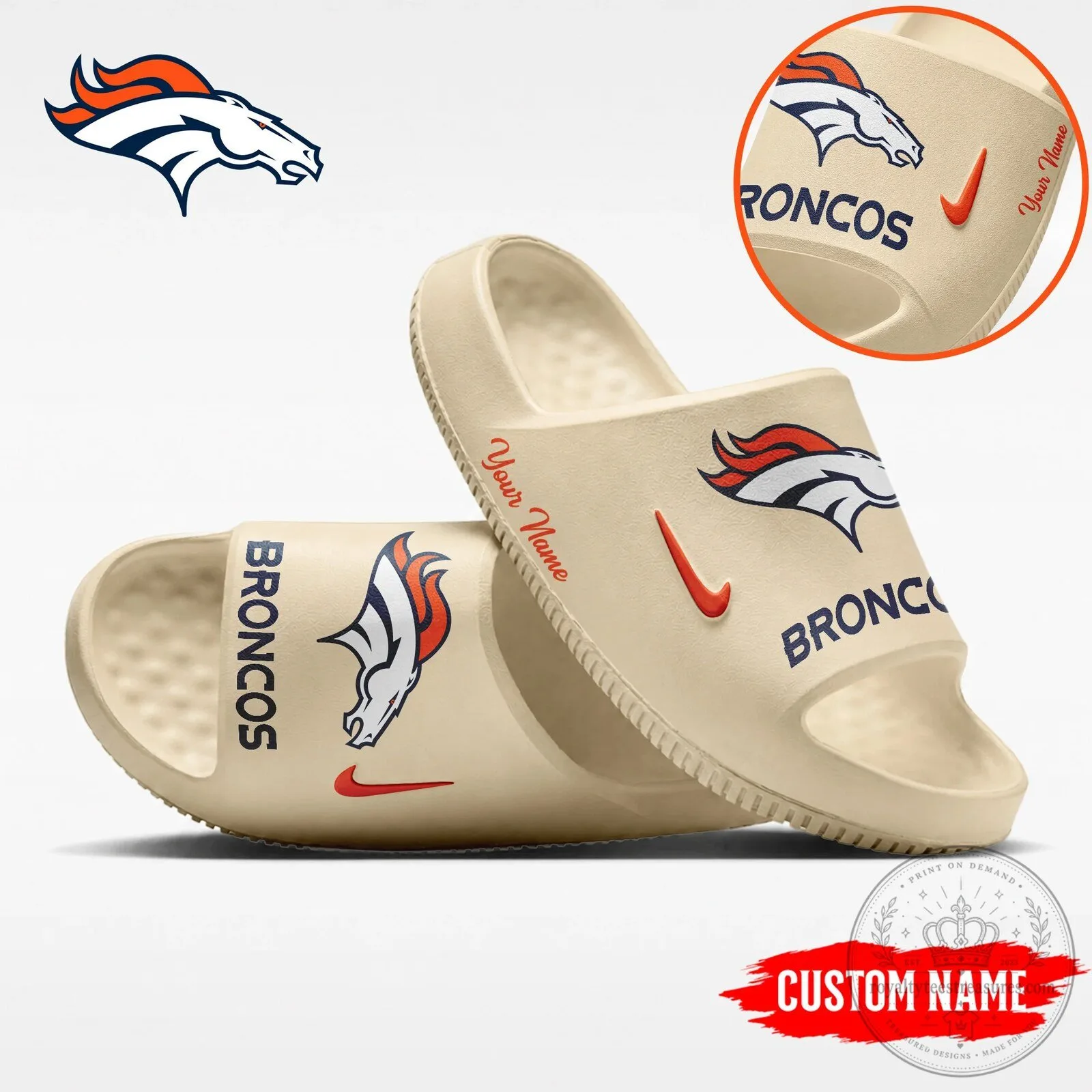 Denver Broncos Custom Name Personalized NFL Team Logo Beige Slide Sandals