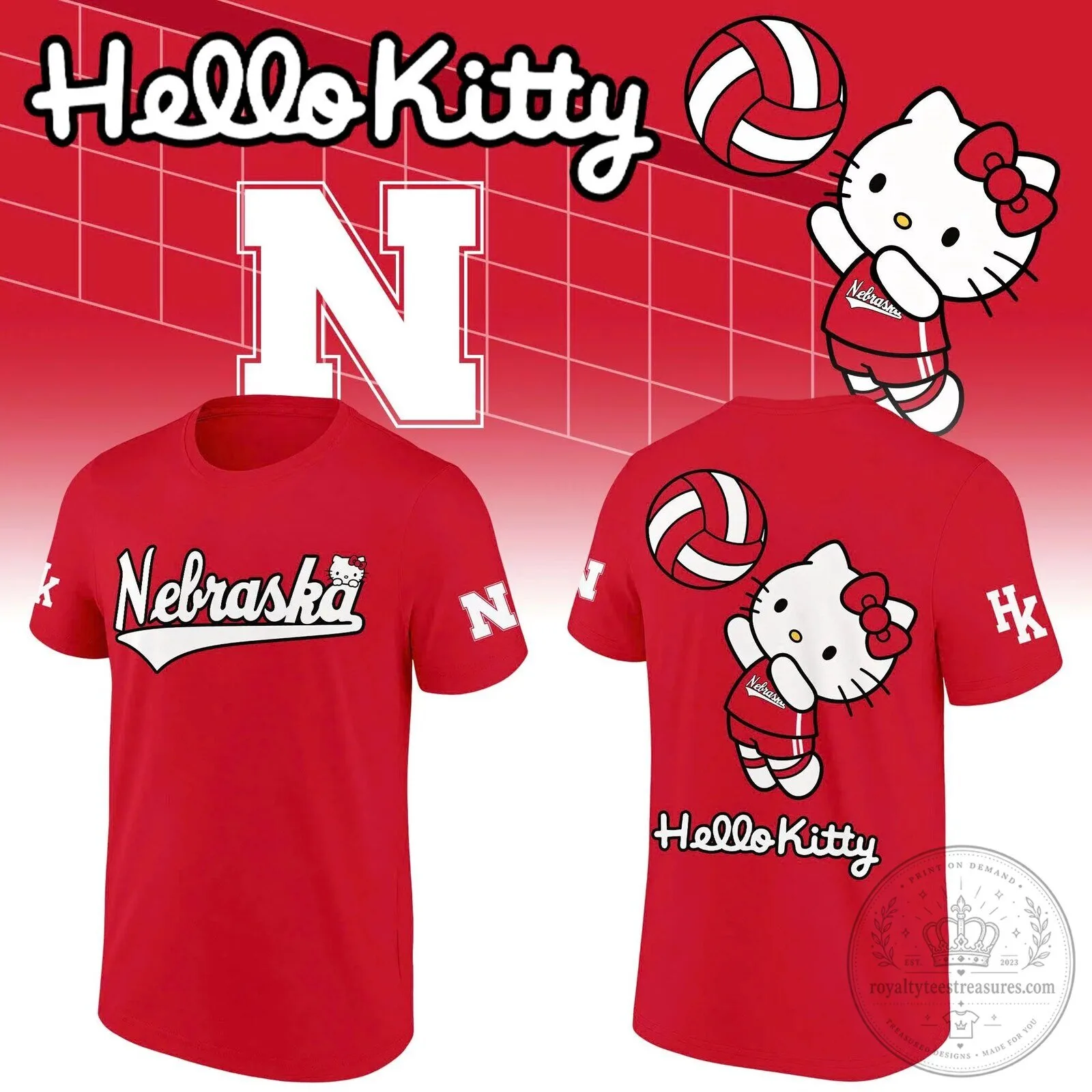 Nebraska Volleyball Hello Kitty Red Graphic T-Shirt