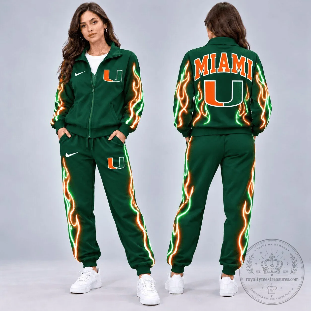 Miami Hurricanes Neon Inferno Green Tracksuit Set with Orange and Green Flames