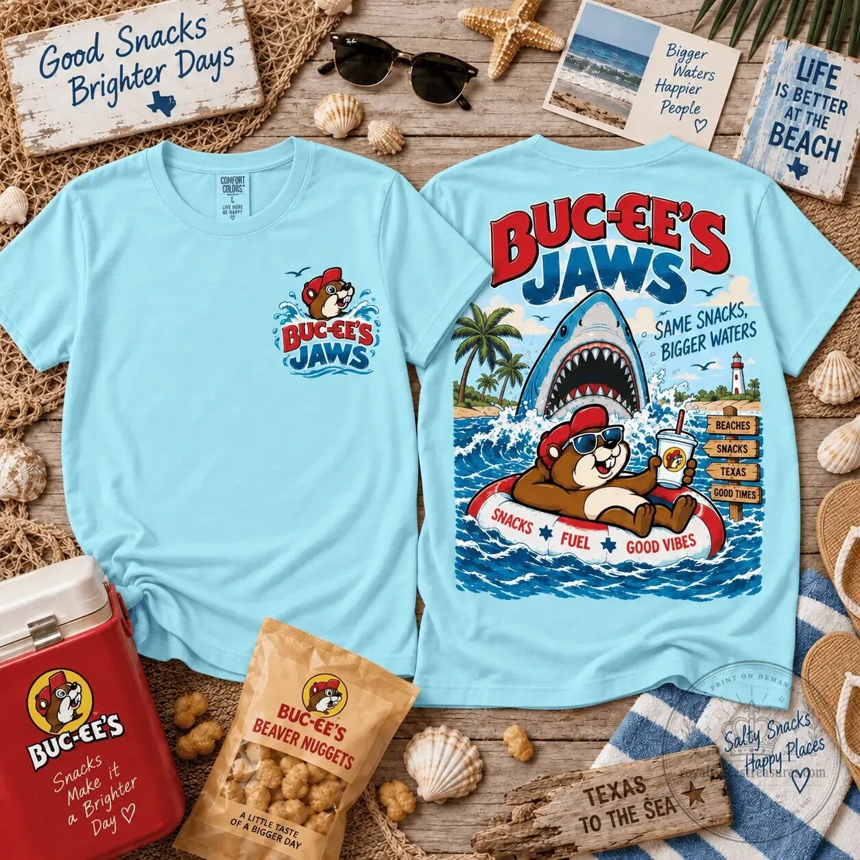 Buc-ee's Jaws Beach Adventure Graphic T-Shirt for Shark Movie Fans