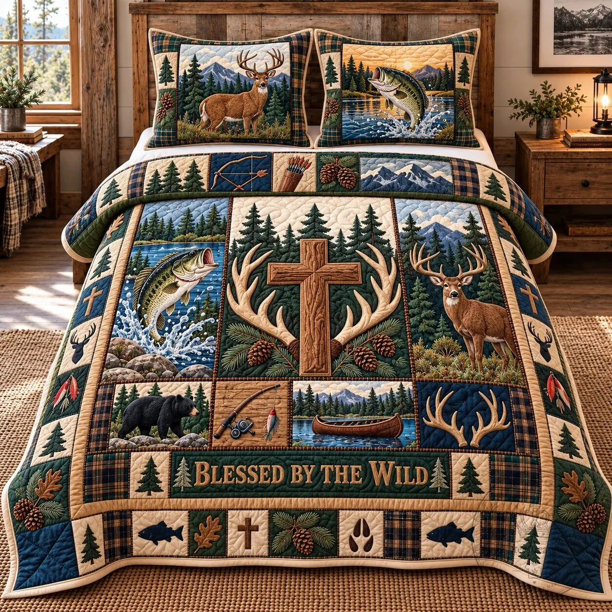 Blessed By The Wild Hunting And Fishing Patchwork Quilted Bedding Set