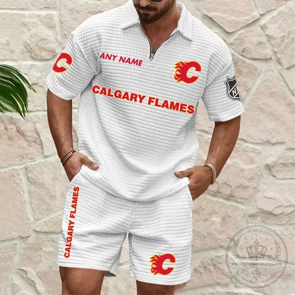 Calgary Flames Personalized Name Waffle Knit Polo Shirt and Shorts Set 5 Calgary Flames Personalized Name Waffle Knit Polo Shirt and Shorts Set