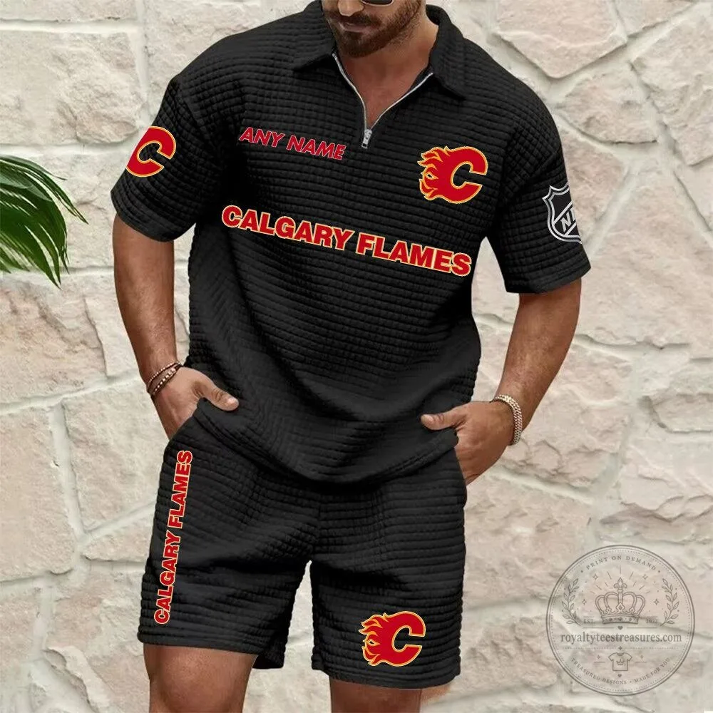 Calgary Flames Personalized Name Waffle Knit Polo Shirt and Shorts Set 6 Calgary Flames Personalized Name Waffle Knit Polo Shirt and Shorts Set