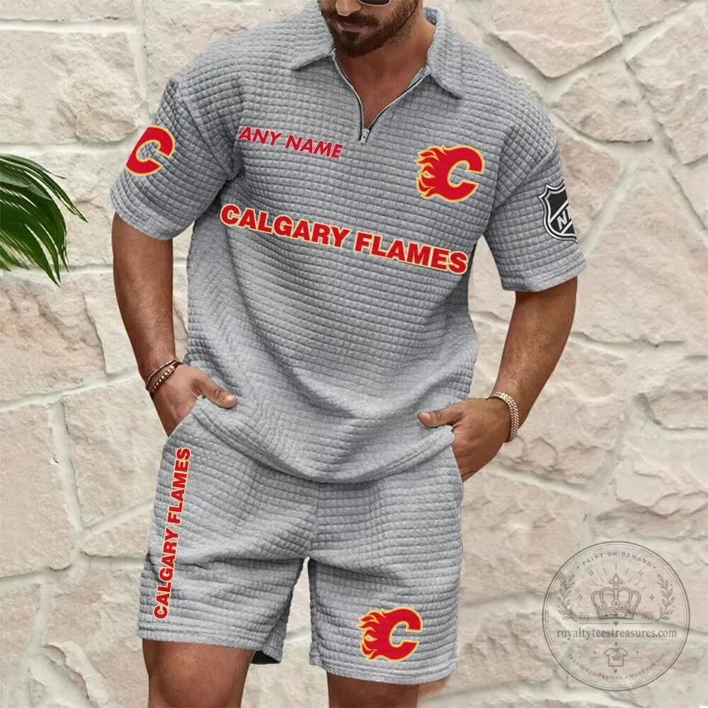 Calgary Flames Personalized Name Waffle Knit Polo Shirt and Shorts Set 7 Calgary Flames Personalized Name Waffle Knit Polo Shirt and Shorts Set