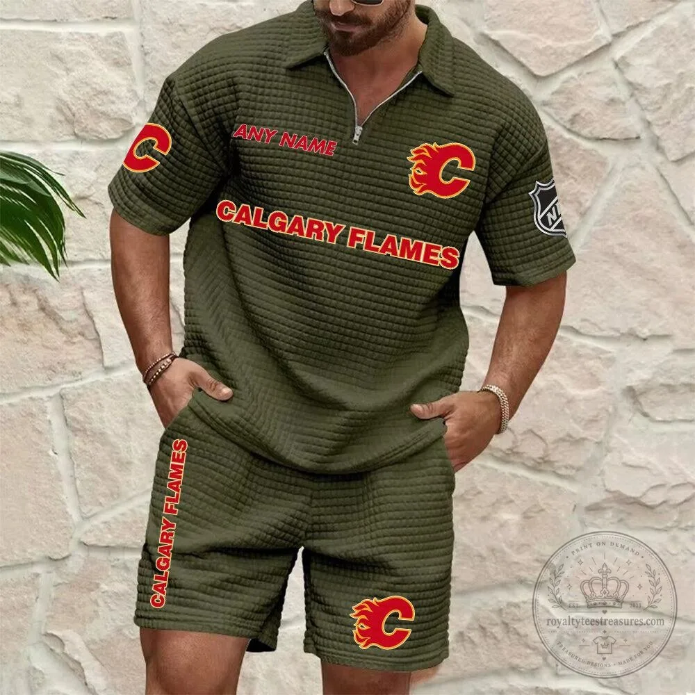 Calgary Flames Personalized Name Waffle Knit Polo Shirt and Shorts Set 8 Calgary Flames Personalized Name Waffle Knit Polo Shirt and Shorts Set