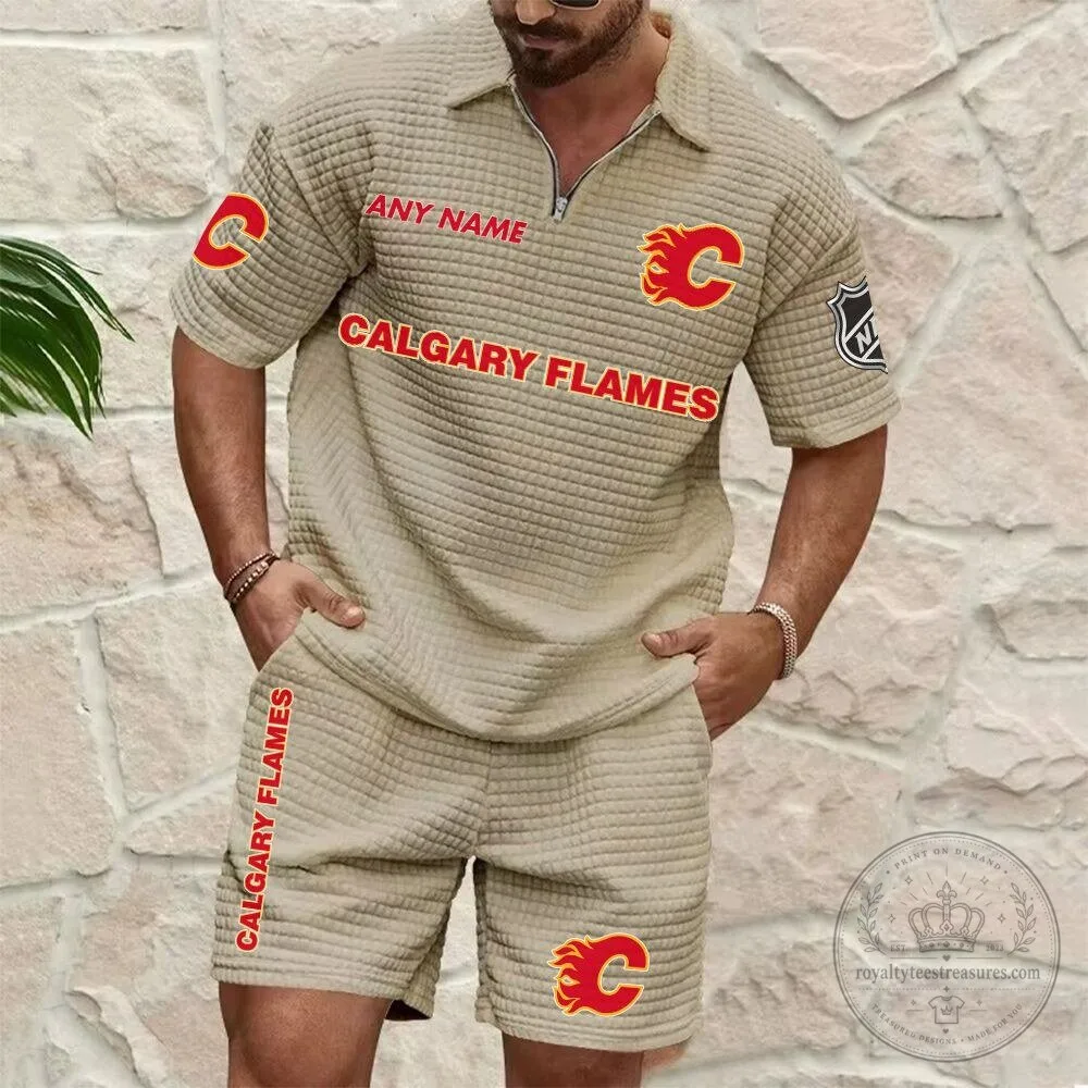 Calgary Flames Personalized Name Waffle Knit Polo Shirt and Shorts Set 9 Calgary Flames Personalized Name Waffle Knit Polo Shirt and Shorts Set