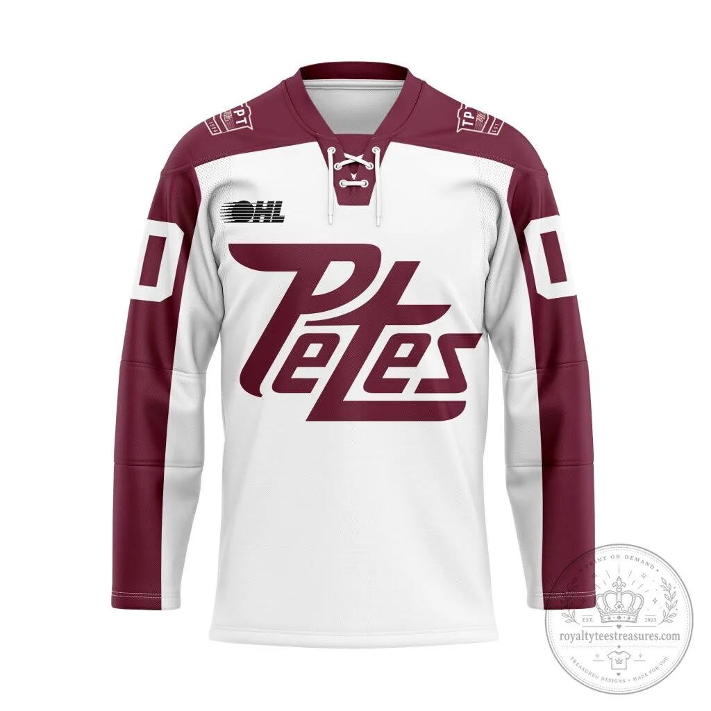 Peterborough Petes Personalized White and Maroon Hockey Jersey