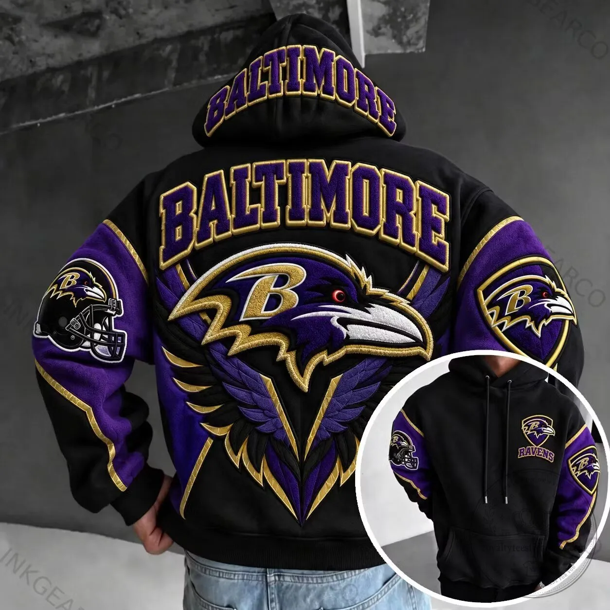 Baltimore Ravens NFL Football Team Logo Embroidered Black and Purple Hoodie