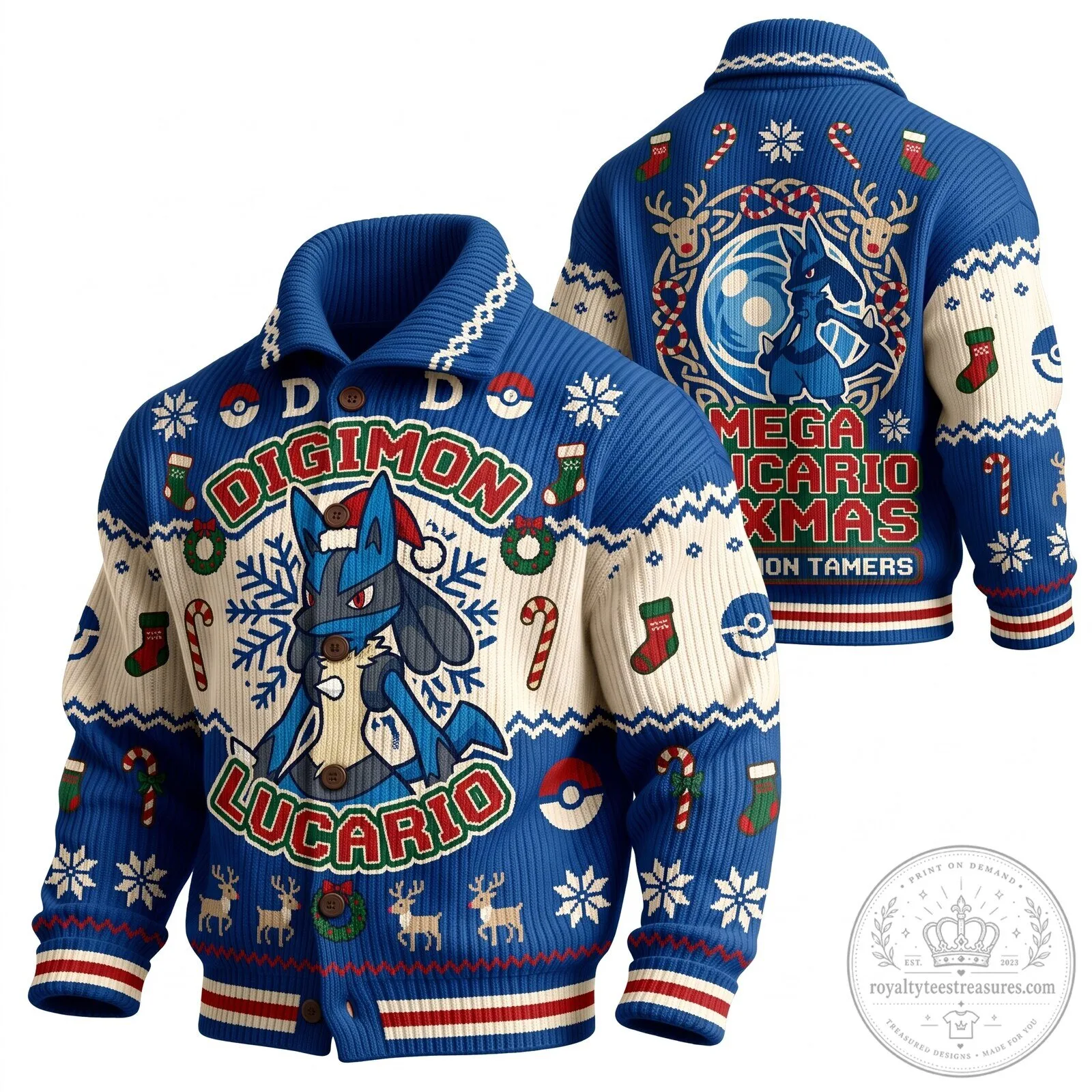 Digimon Lucario Christmas Holiday Knitted Cardigan Sweater