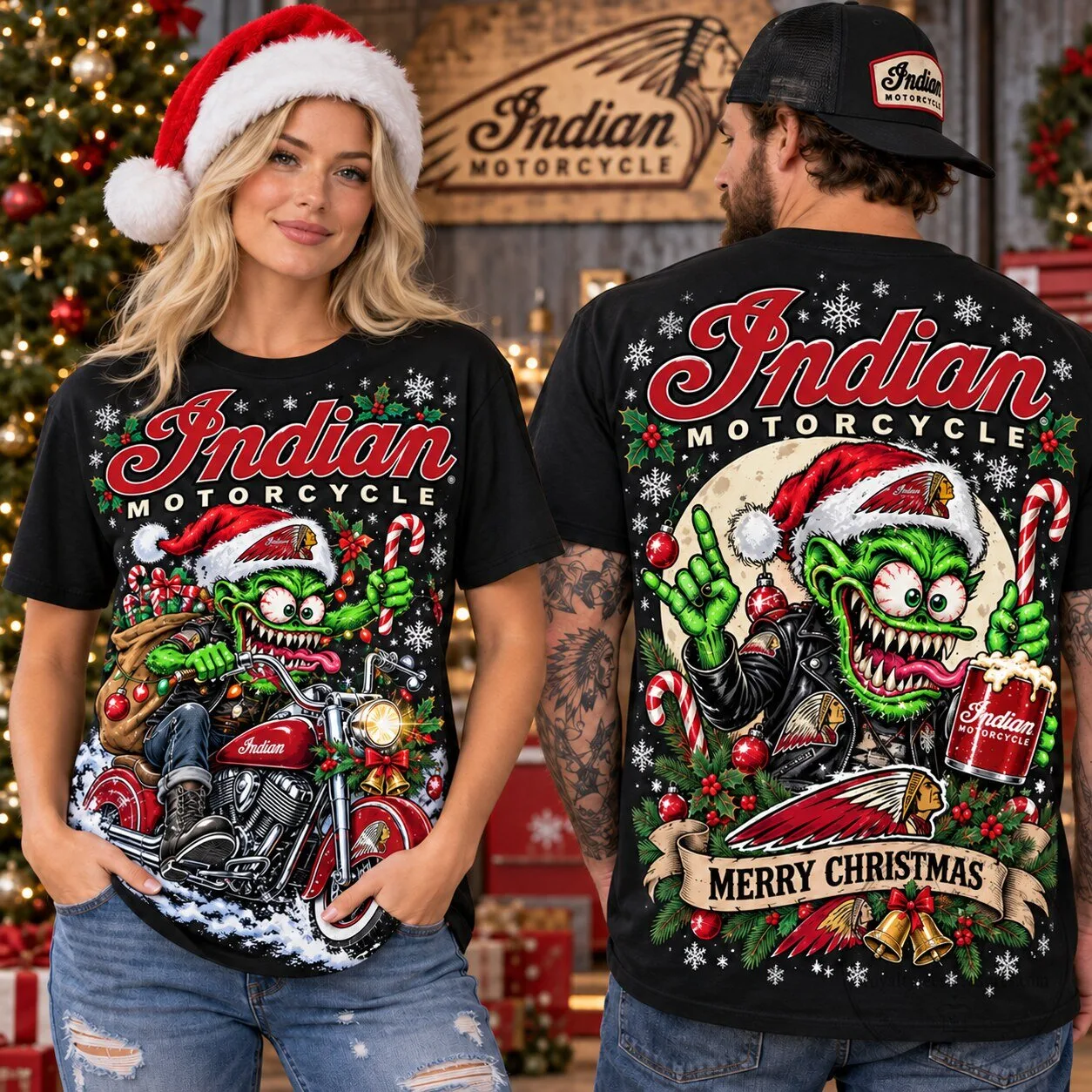 Indian Motorcycle Christmas Holiday Monster Riding Bike Black T-Shirt
