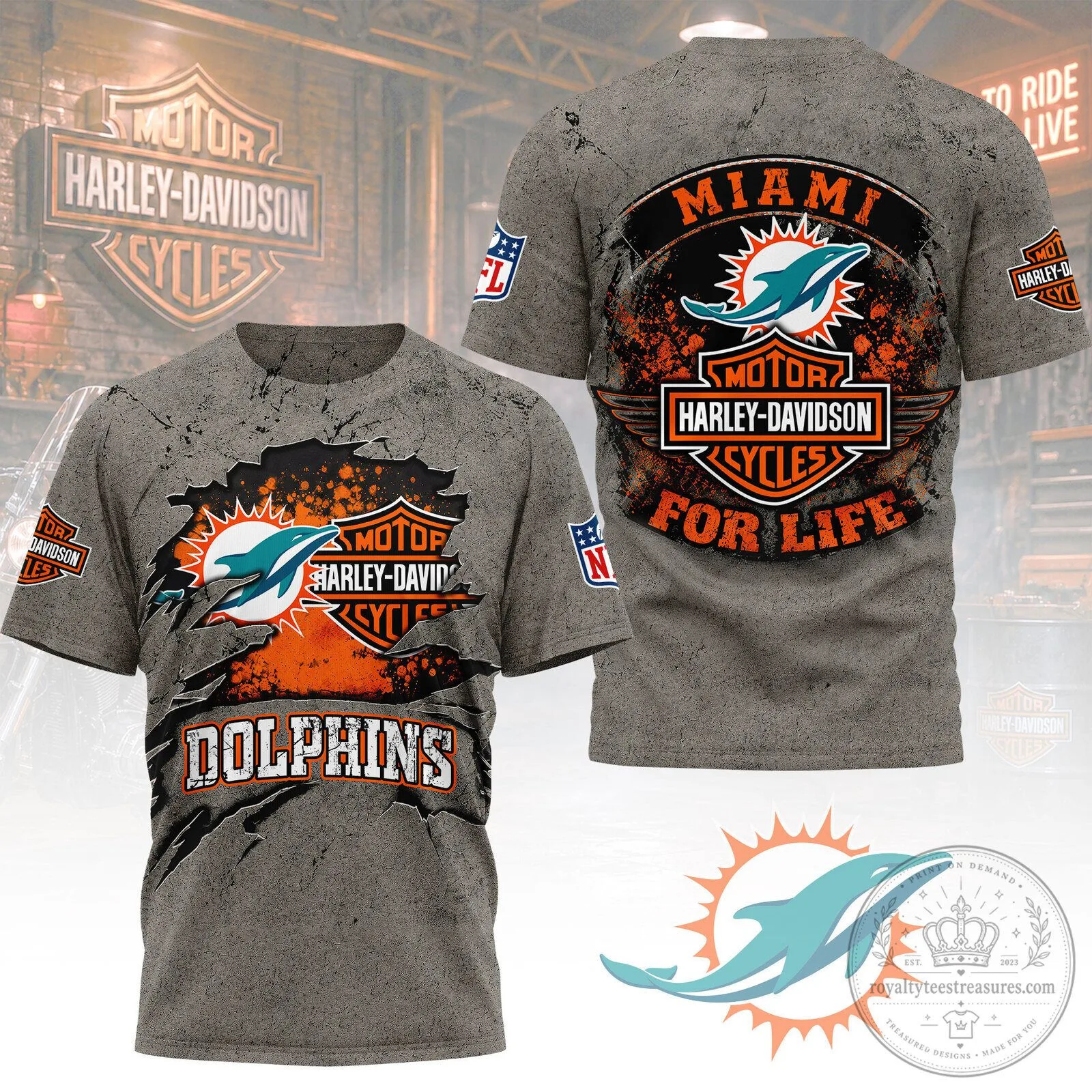 Miami Dolphins Harley Davidson For Life NFL Football Fan T-Shirt