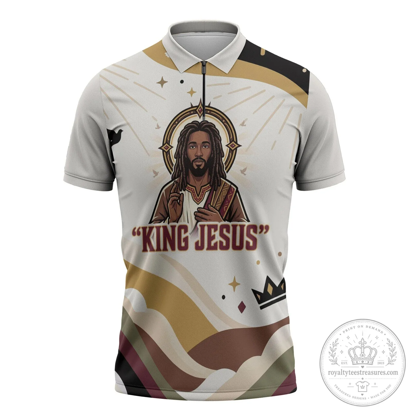King Jesus African Black Christ Religious Christian Faith Holy Cross Dove Polo Shirt