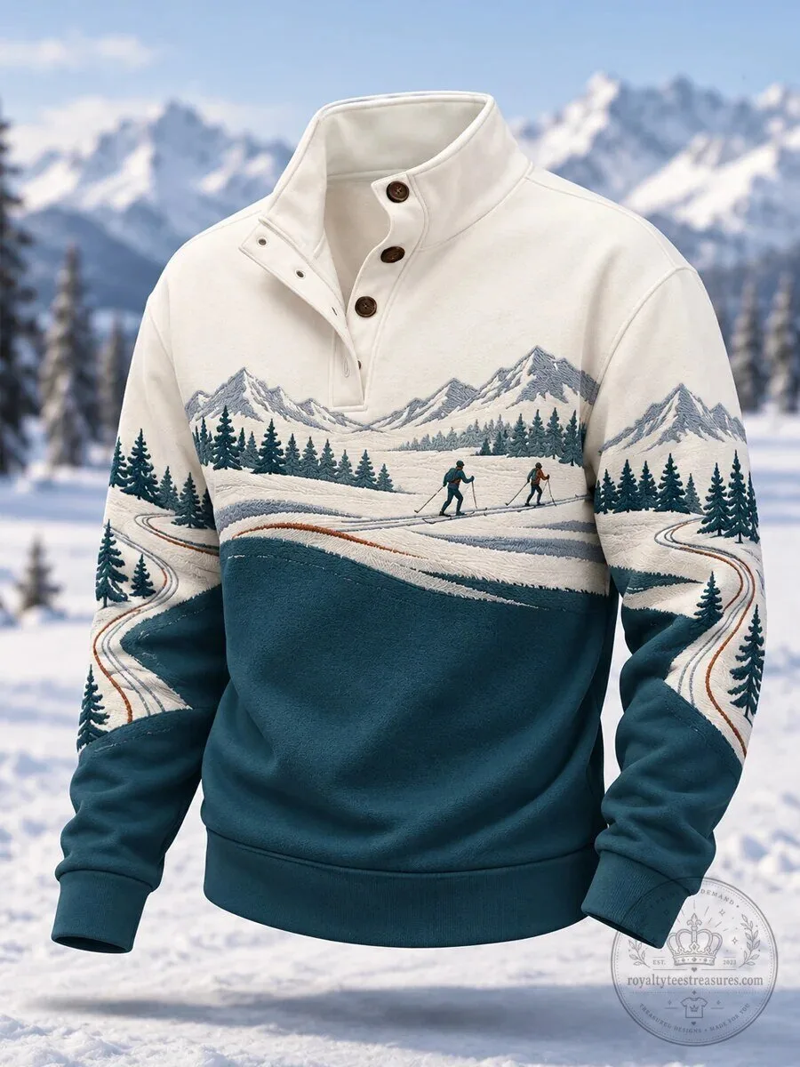 Ski Season Mountain Landscape Button-Up Pullover Sweatshirt for Men