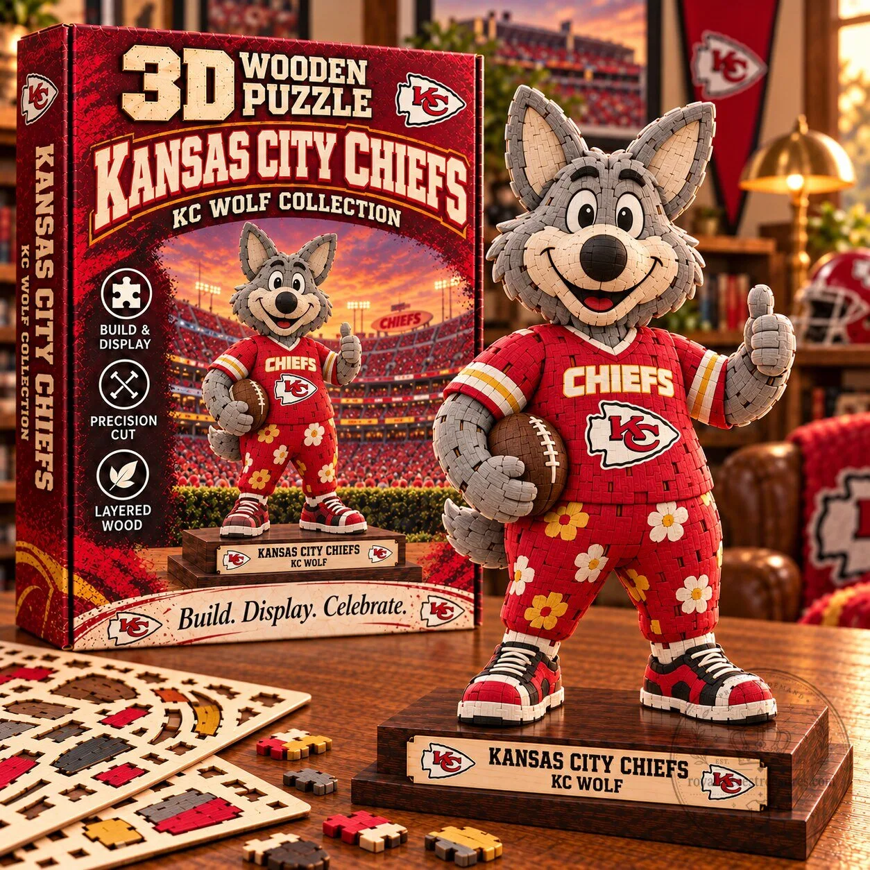 Kansas City Chiefs KC Wolf 3D Wooden Puzzle Collectible Figurine