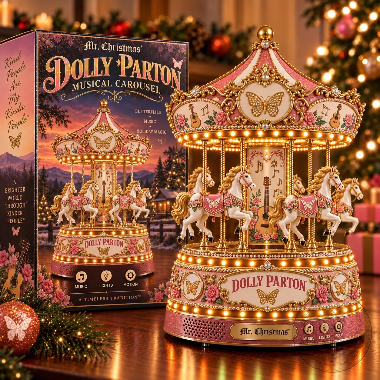 Dolly Parton Musical Carousel with Lights and Motion Holiday Music Box