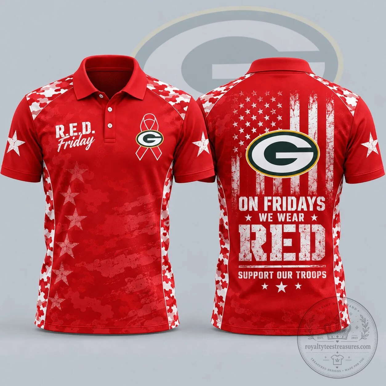 Green Bay Packers R.E.D. Friday Patriotic Military Camouflage American Flag Polo Shirt