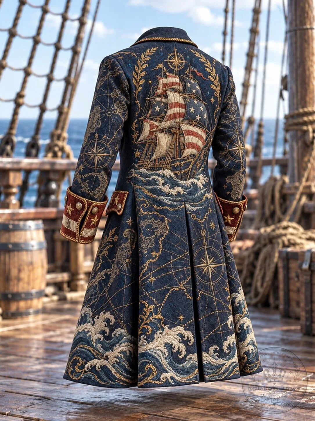 Pirate Ship Treasure Map Compass Rose Nautical Ocean Waves Men's Jacket