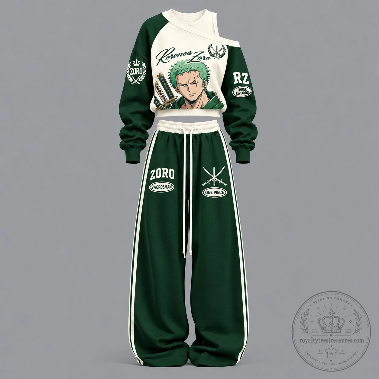 Roronoa Zoro One Piece Anime Off-Shoulder Sweatshirt and Sweatpants Set
