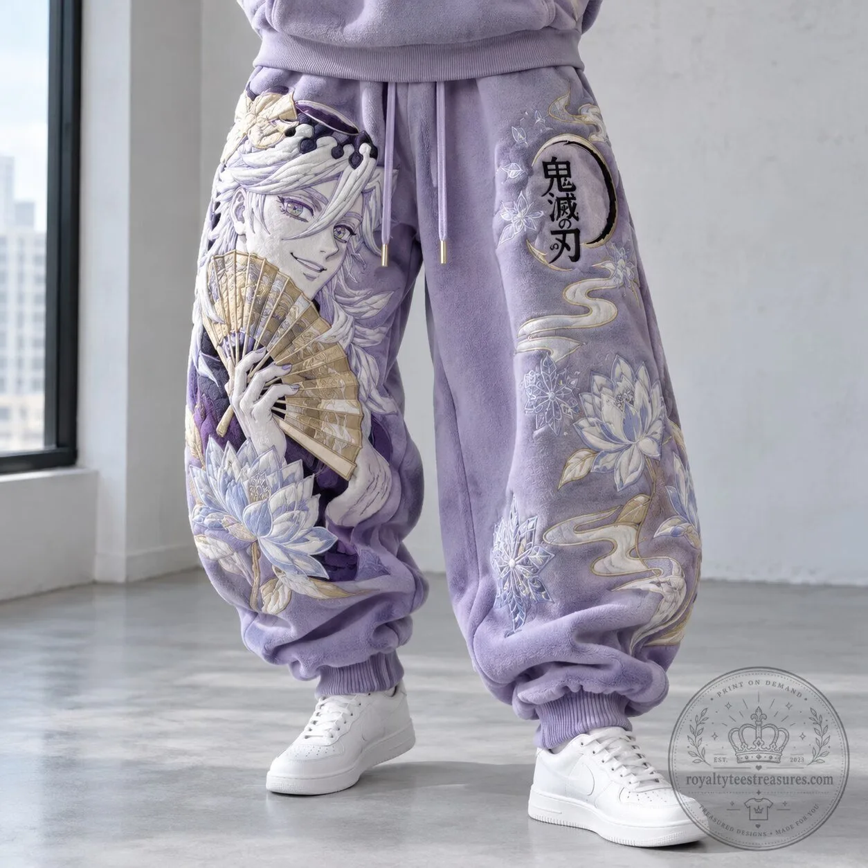 Demon Slayer Douma Anime Embroidered Purple Fleece Sweatpants