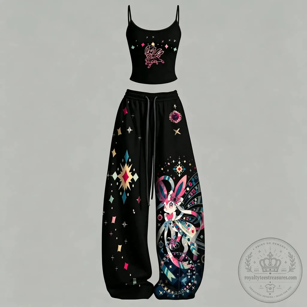 Sylveon Pokemon Fairy Type Evolution Black Tank Top and Pants Set