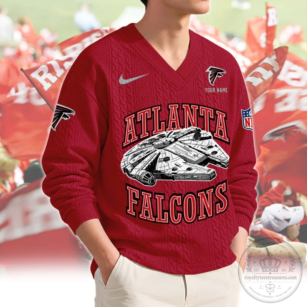 Atlanta Falcons Millennium Falcon Star Wars Red V-Neck Knit Sweater Atlanta Falcons Millennium Falcon Star Wars Red V-Neck Knit Sweater