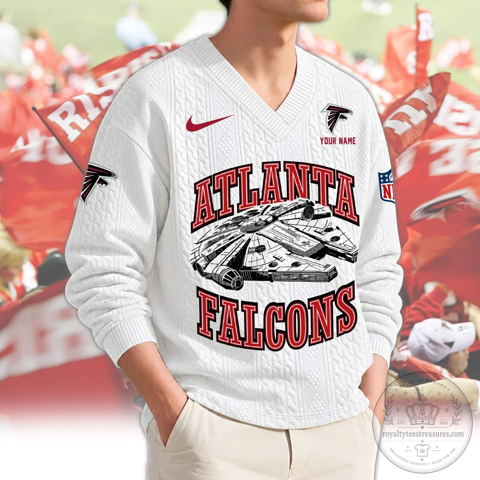 Atlanta Falcons Millennium Falcon Star Wars Red V-Neck Knit Sweater 7 Atlanta Falcons Millennium Falcon Star Wars Red V-Neck Knit Sweater