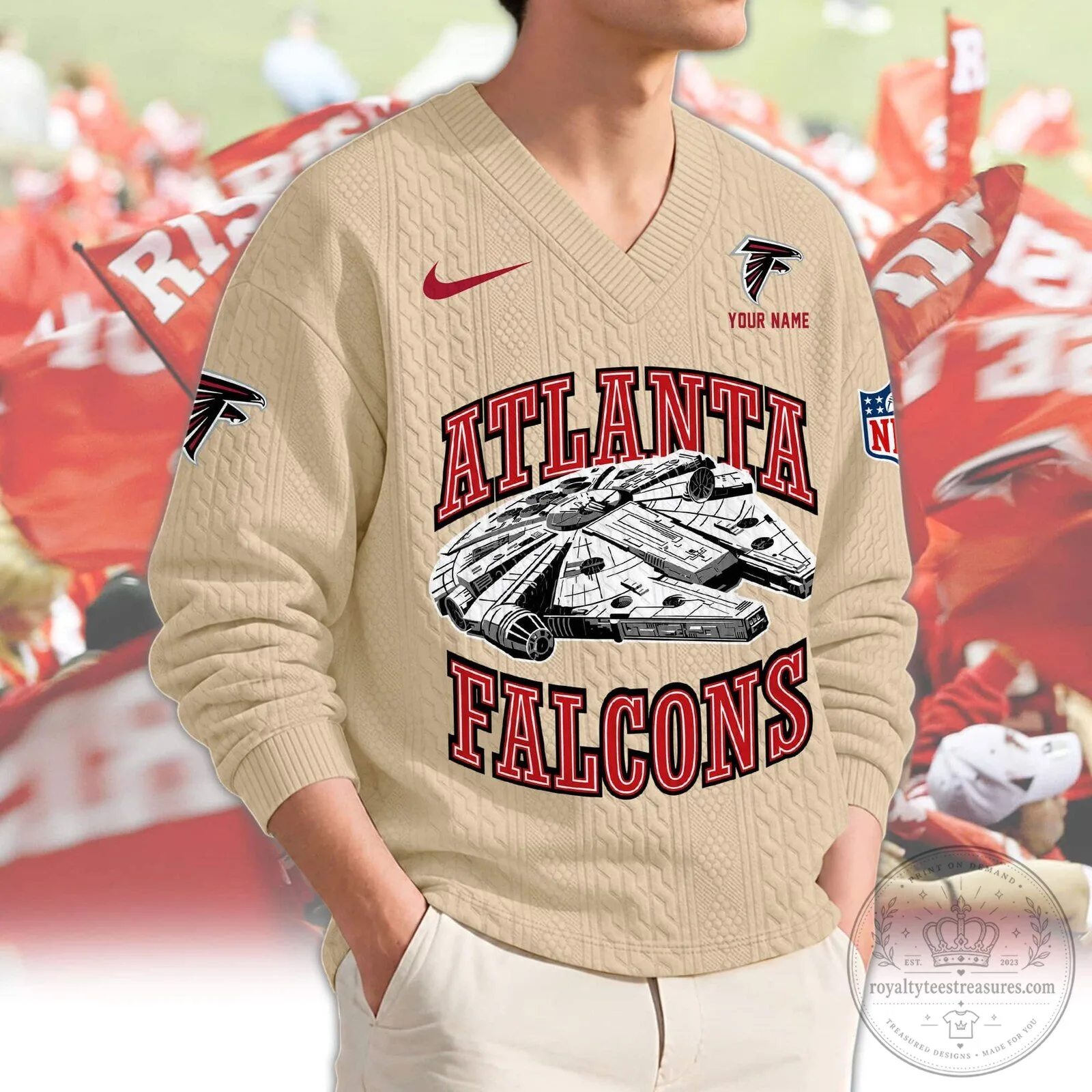 Atlanta Falcons Millennium Falcon Star Wars Red V-Neck Knit Sweater 8 Atlanta Falcons Millennium Falcon Star Wars Red V-Neck Knit Sweater