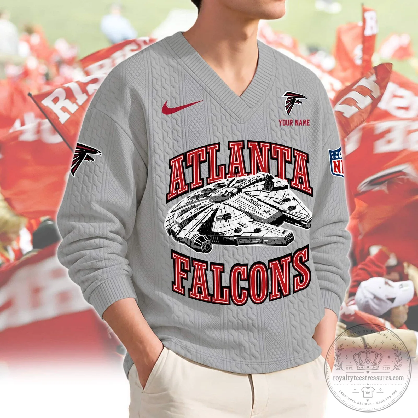 Atlanta Falcons Millennium Falcon Star Wars Red V-Neck Knit Sweater 9 Atlanta Falcons Millennium Falcon Star Wars Red V-Neck Knit Sweater