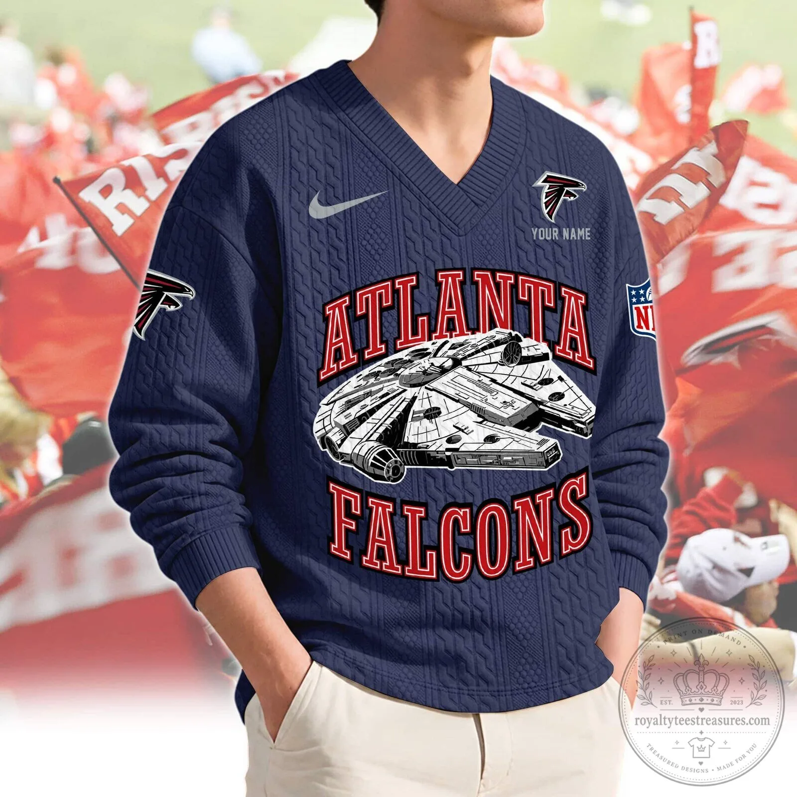 Atlanta Falcons Millennium Falcon Star Wars Red V-Neck Knit Sweater 10 Atlanta Falcons Millennium Falcon Star Wars Red V-Neck Knit Sweater