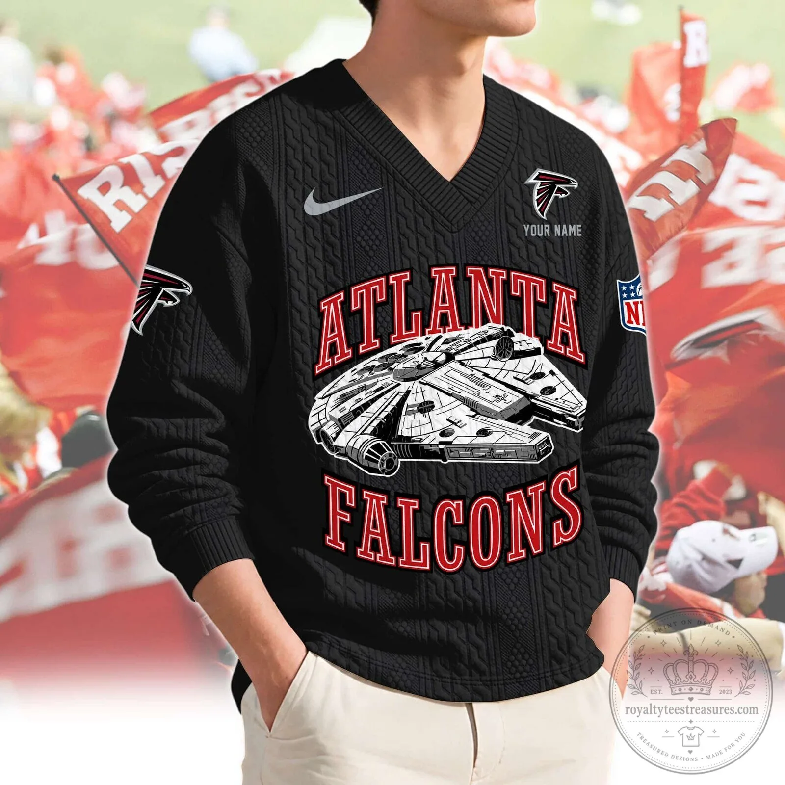 Atlanta Falcons Millennium Falcon Star Wars Red V-Neck Knit Sweater 11 Atlanta Falcons Millennium Falcon Star Wars Red V-Neck Knit Sweater