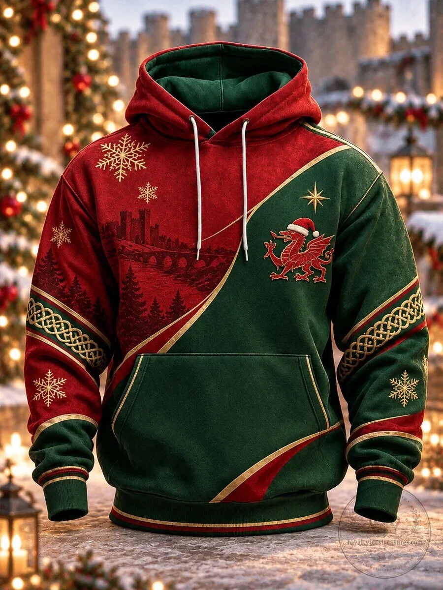 Hoodie Featuring a Holiday Snowflake Design with a Christmas Welsh Dragon 1 Hoodie Featuring a Holiday Snowflake Design with a Christmas Welsh Dragon