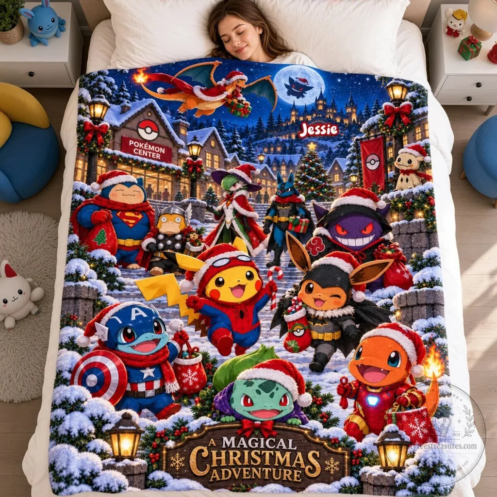 Pokemon Christmas Adventure Blanket with Pikachu and Friends in Santa Hats Pokemon Christmas Adventure Blanket with Pikachu and Friends in Santa Hats