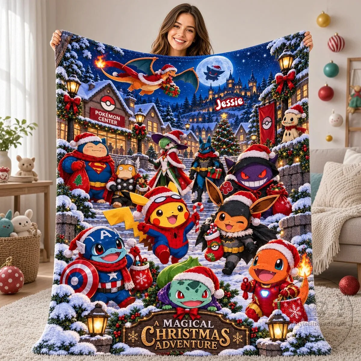 Pokemon Christmas Adventure Blanket with Pikachu and Friends in Santa Hats 6 Pokemon Christmas Adventure Blanket with Pikachu and Friends in Santa Hats