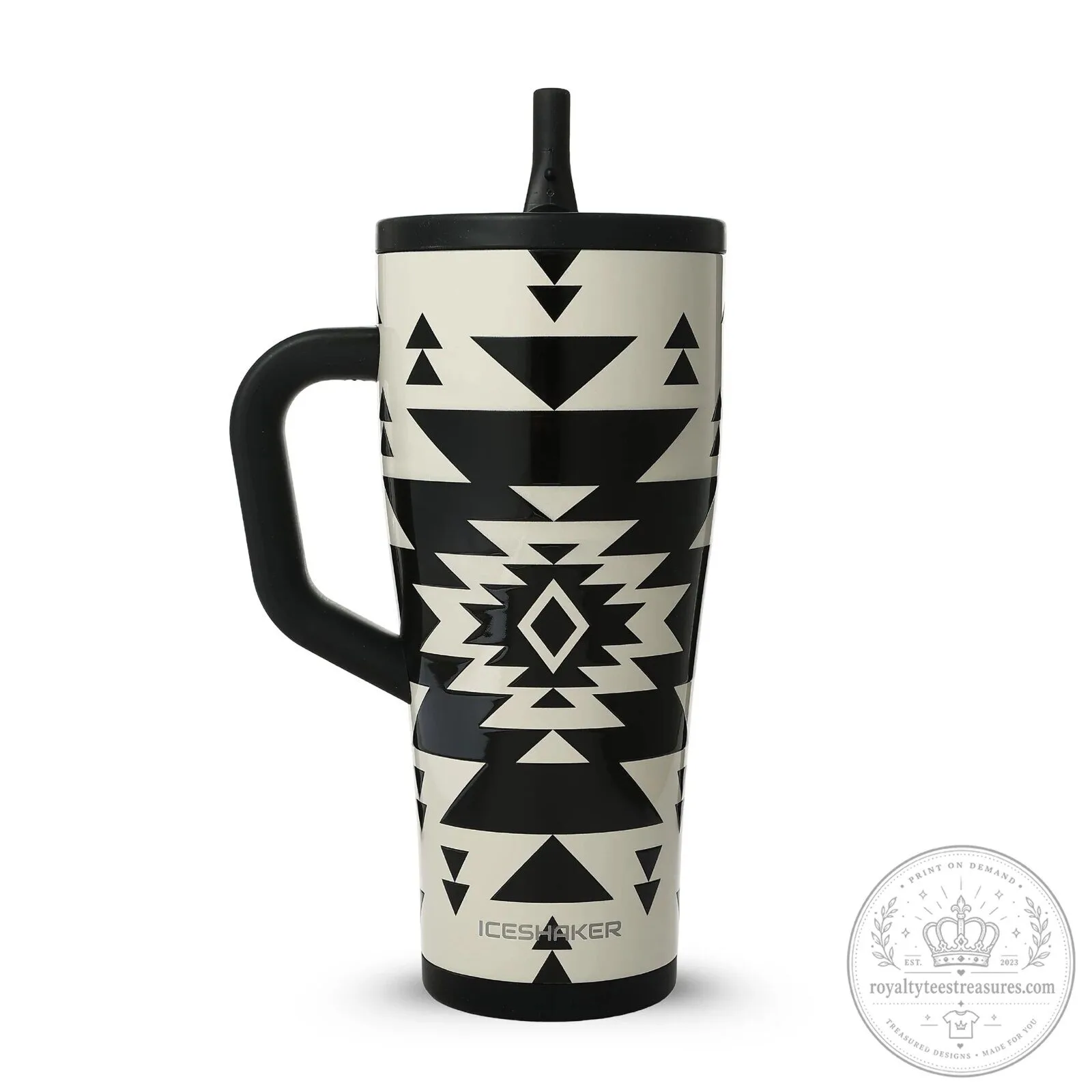 Black and White Aztec Pattern Insulated Tumbler with Handle and Straw Lid