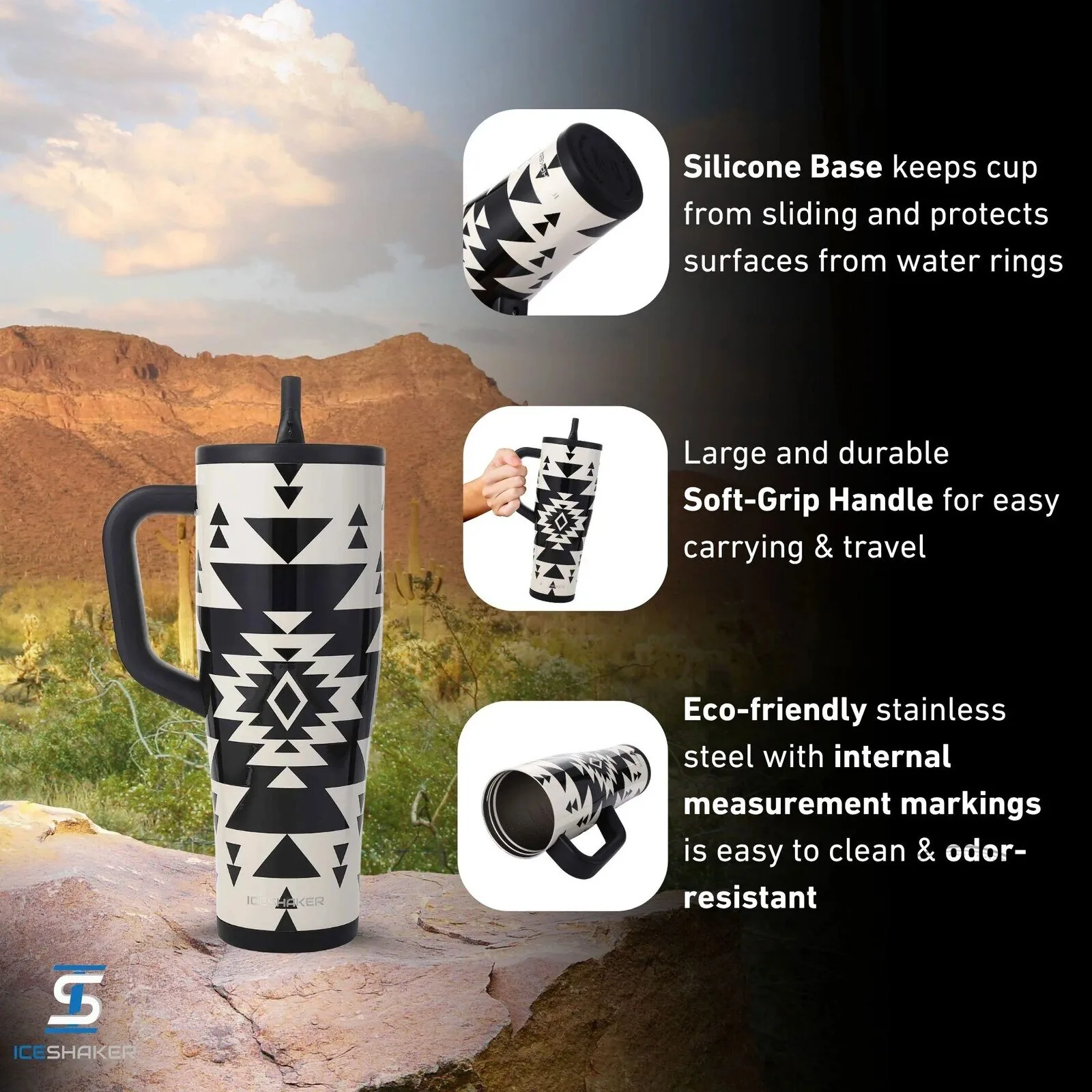 Black and White Aztec Pattern Insulated Tumbler with Handle and Straw Lid 9 Black and White Aztec Pattern Insulated Tumbler with Handle and Straw Lid