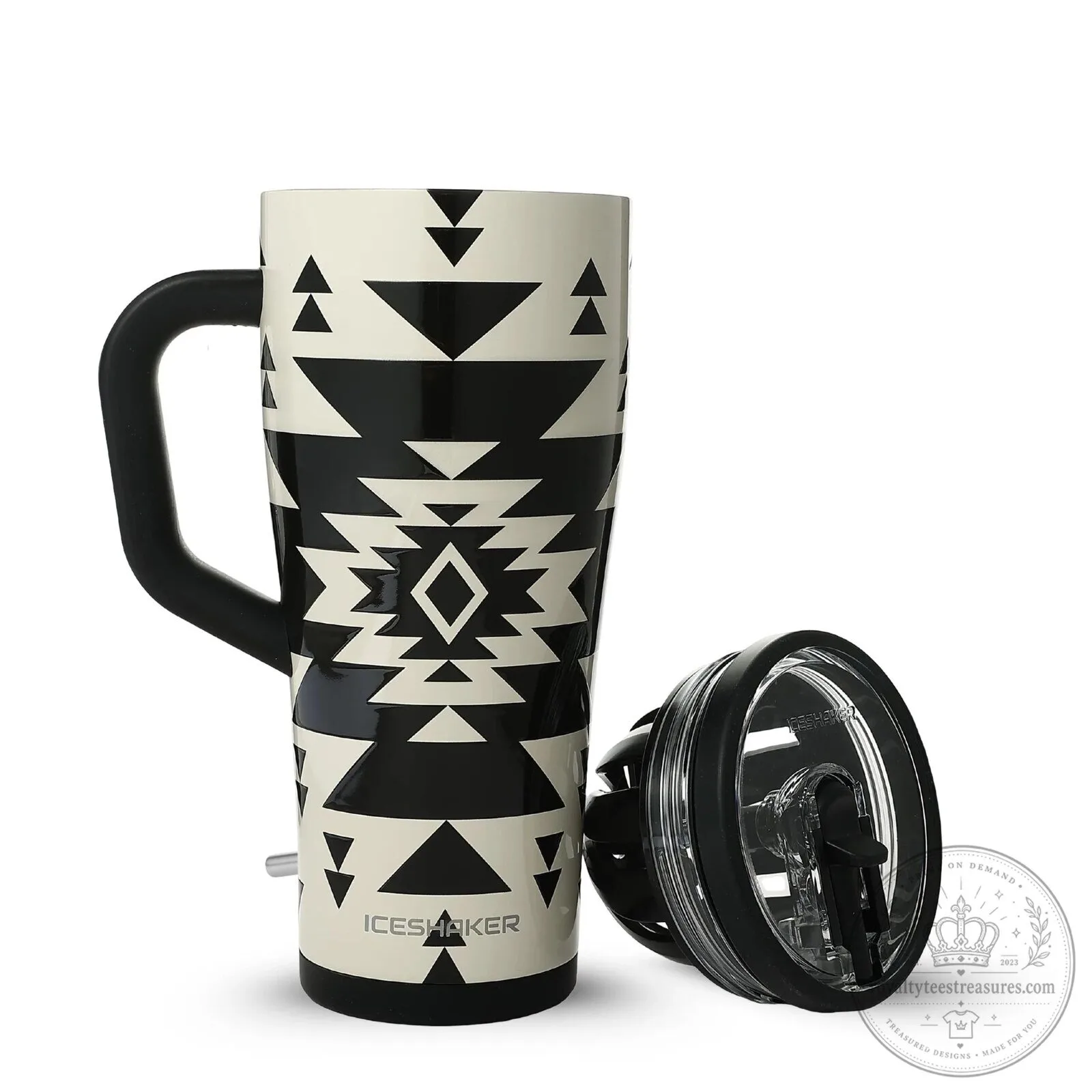 Black and White Aztec Pattern Insulated Tumbler with Handle and Straw Lid 10 Black and White Aztec Pattern Insulated Tumbler with Handle and Straw Lid