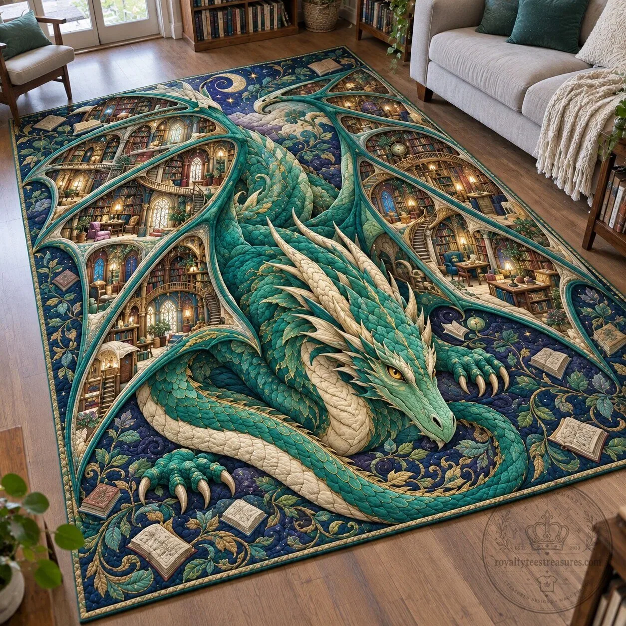 Emerald Dragon Book Sanctuary Fantasy Art Area Rug