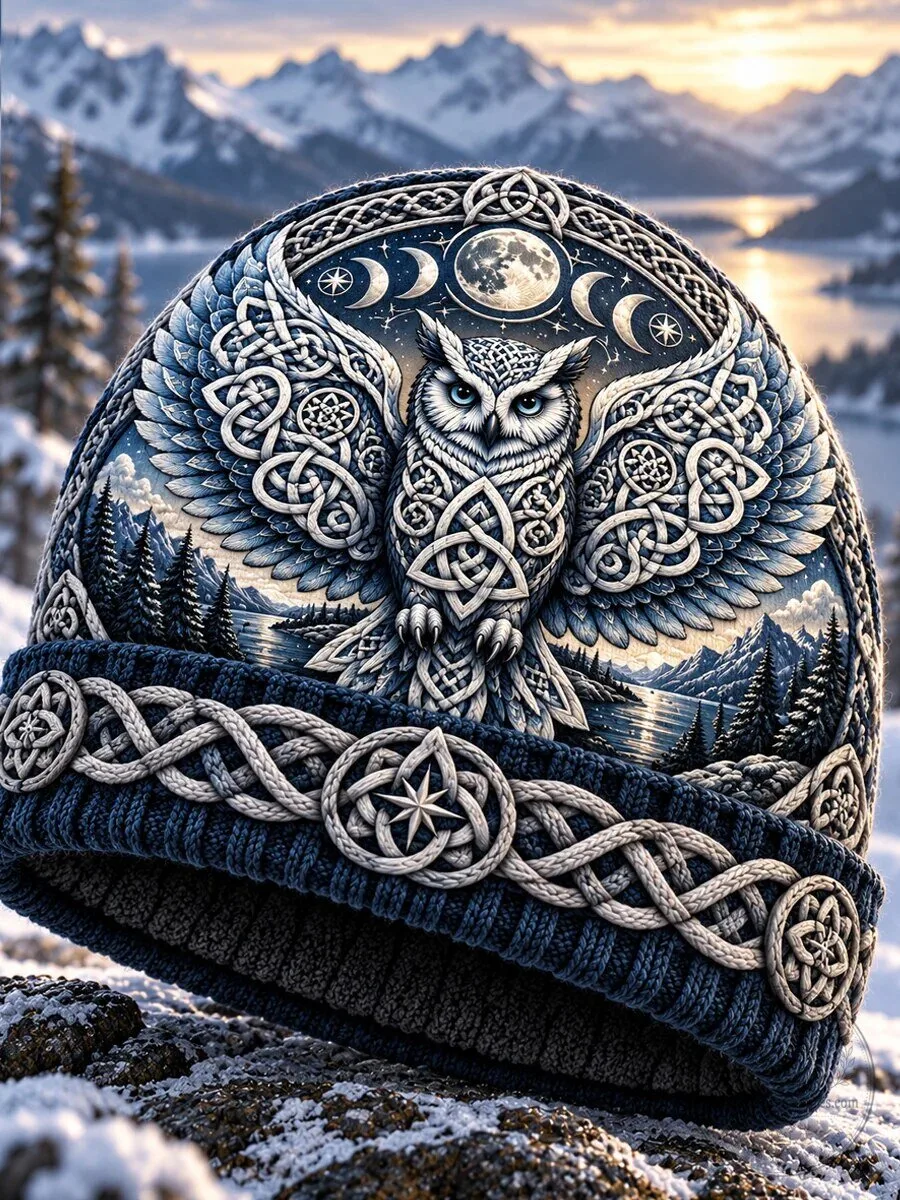 Celtic Owl Winter Knit Beanie Hat