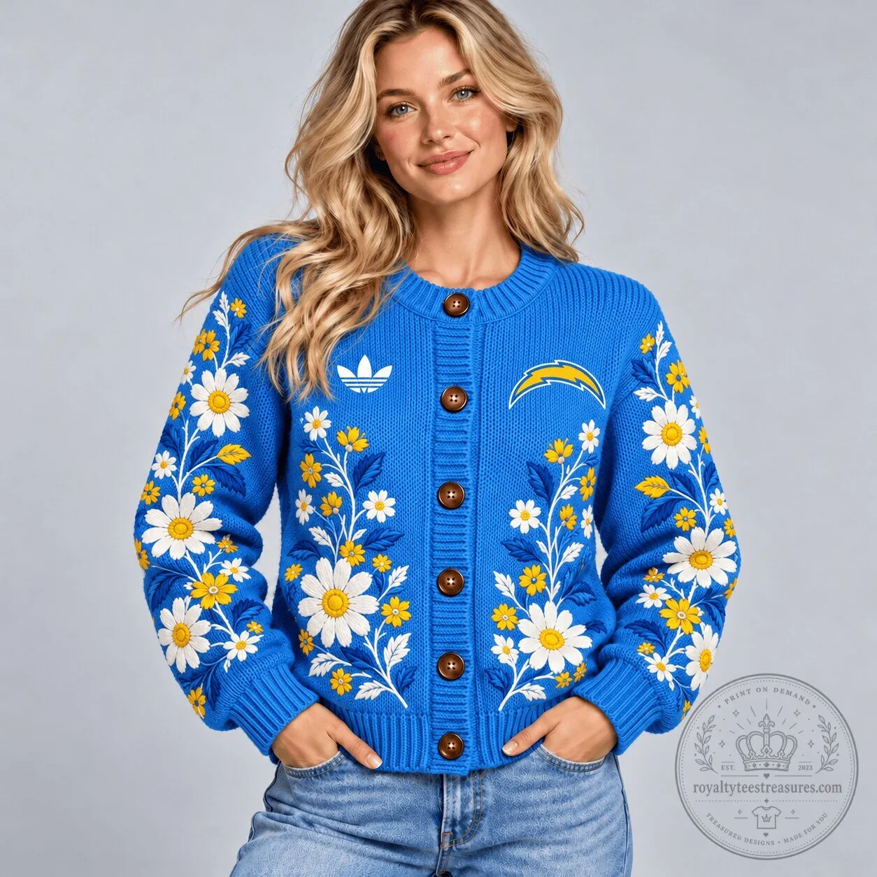 Los Angeles Chargers NFL Daisy Blossom Floral Button-Up Cardigan Sweater
