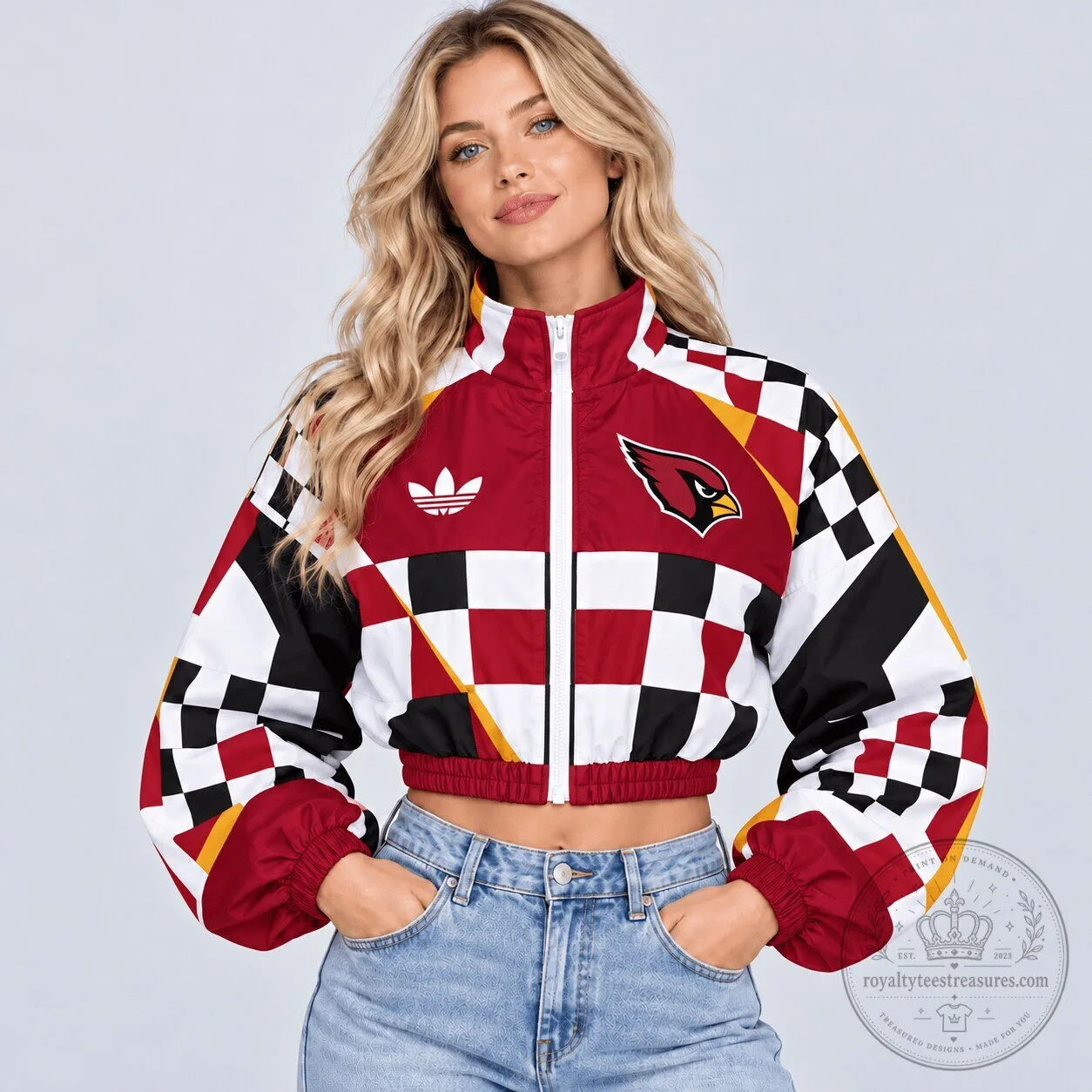 Arizona Cardinals NFL Racing Checkered Flag Colorblock Full Zip Cropped Windbreaker Jacket